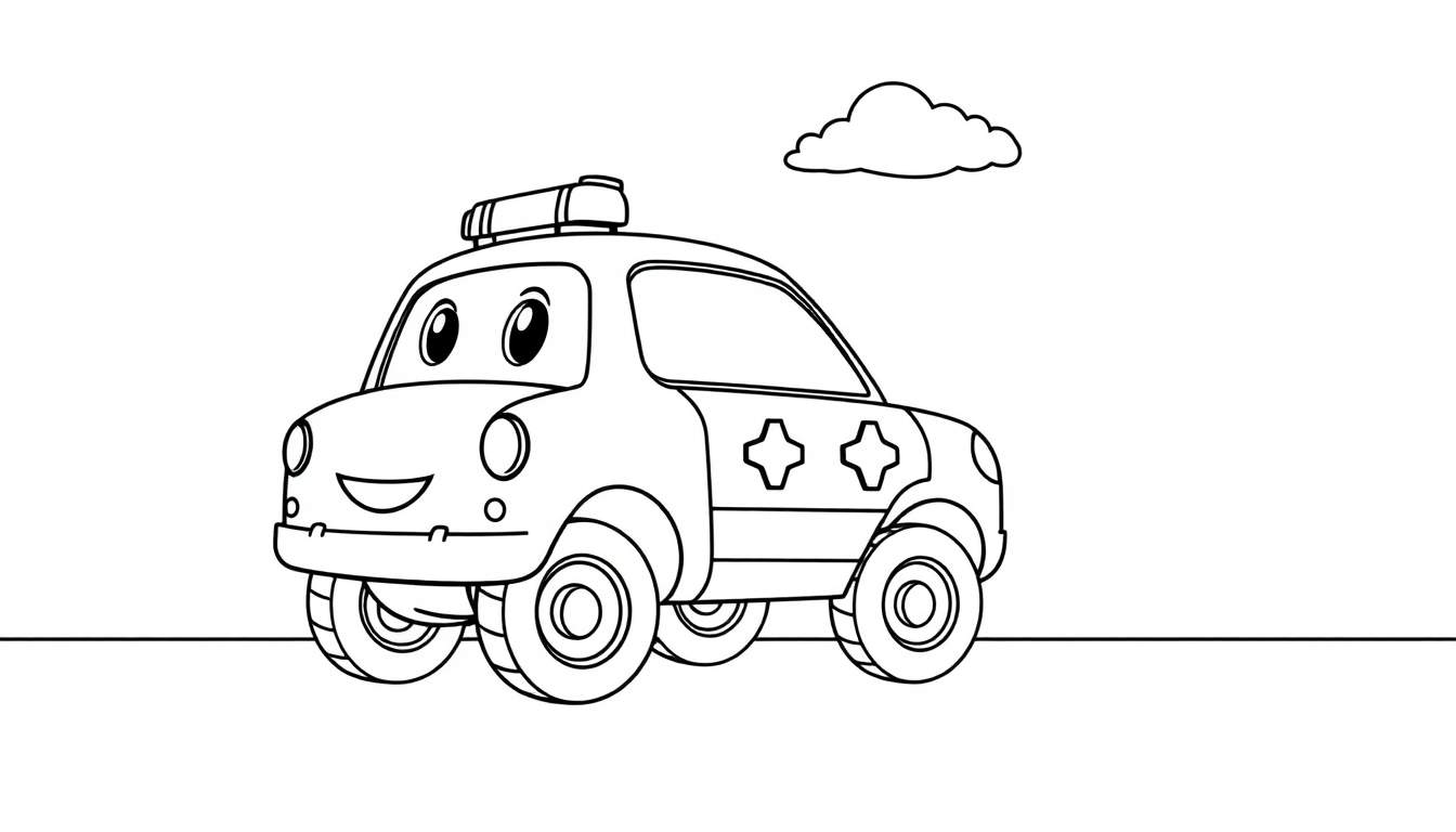 A black and white color panel illustration of a friendly ambulance with a smiling face and a cloud above.