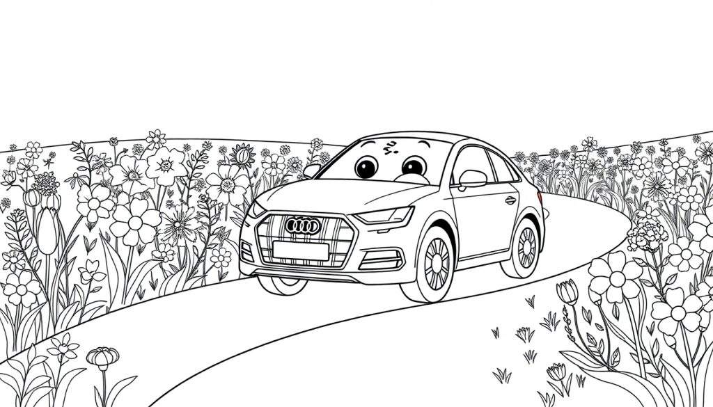 A friendly black and white cartoon Audi car with big eyes drives along a curved road lined with flowers, ready for a color panel.