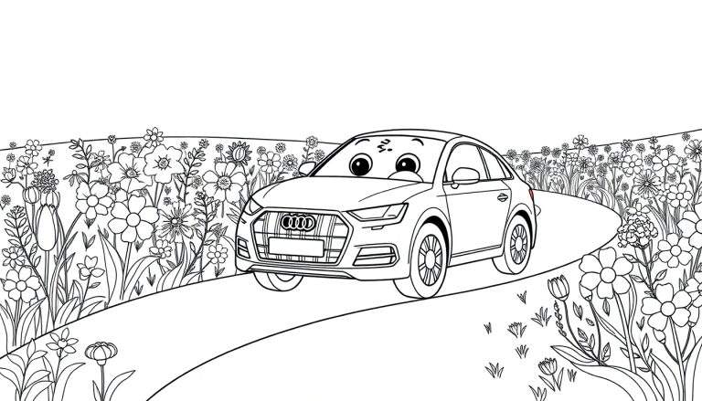 A friendly black and white cartoon Audi car with big eyes drives along a curved road lined with flowers, ready for a color panel.