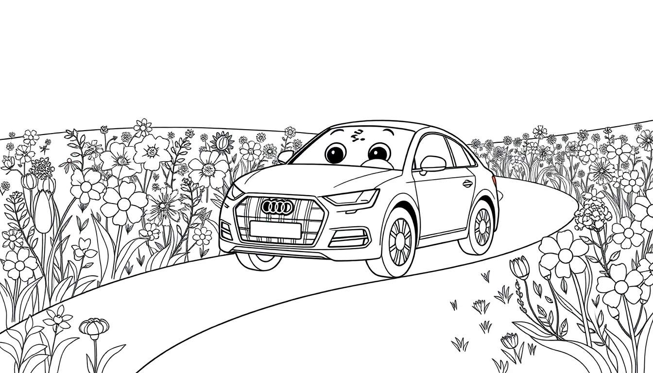 A friendly black and white cartoon Audi car with big eyes drives along a curved road lined with flowers, ready for a color panel.