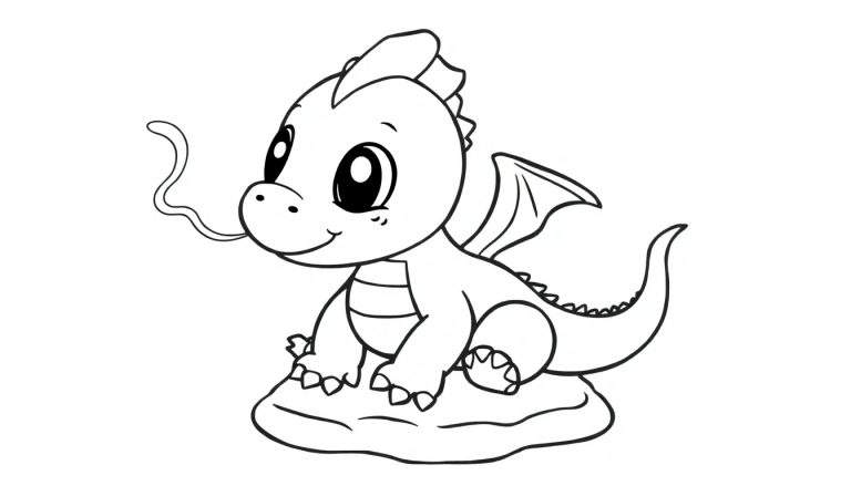 A cute cartoon baby dragon sitting on a cloud, ready for the color panel.