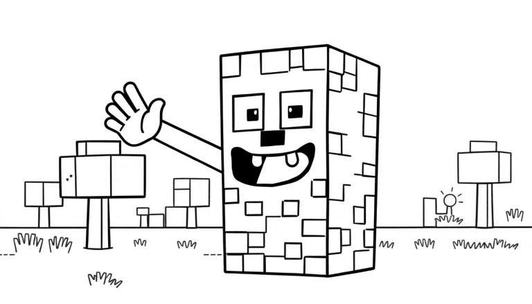 A friendly block character waving, ready to be colored in this black and white color panel.