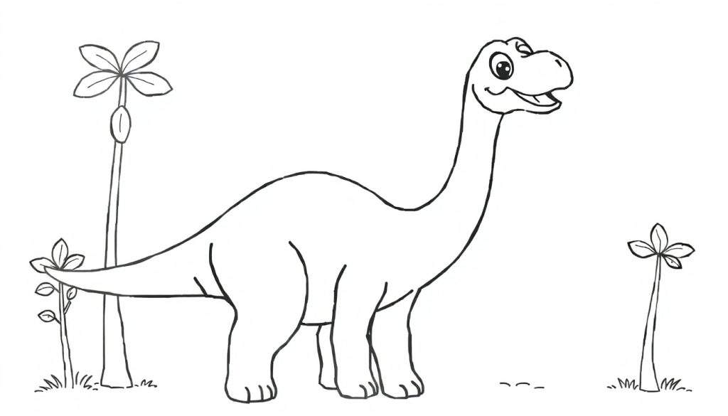 A friendly cartoon Brachiosaurus with a long neck, smiling in a black and white outline, perfect for a color panel.