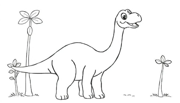A friendly cartoon Brachiosaurus with a long neck, smiling in a black and white outline, perfect for a color panel.