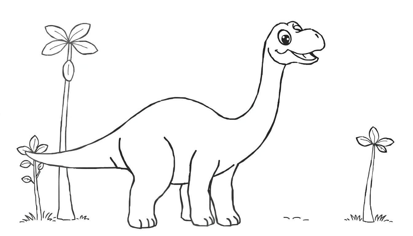 A friendly cartoon Brachiosaurus with a long neck, smiling in a black and white outline, perfect for a color panel.