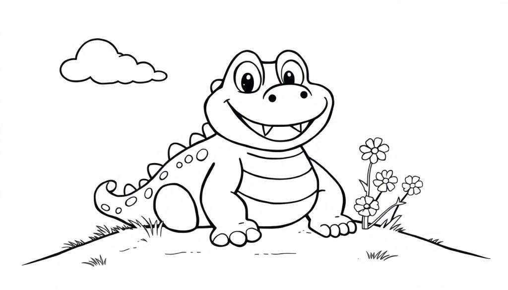A cheerful, smiling crocodile ready for a color panel adventure.