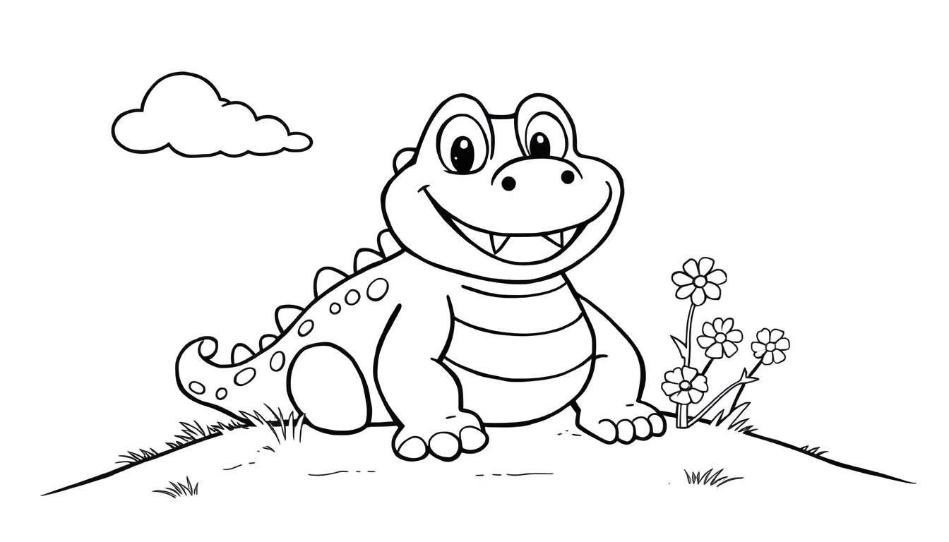 A cheerful, smiling crocodile ready for a color panel adventure.