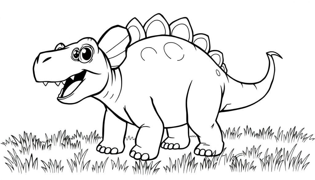 A cute cartoon dinosaur, ready for a color panel, resembles a Stegosaurus with plates and a happy face.