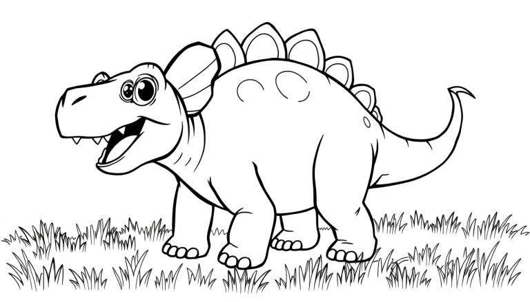 A cute cartoon dinosaur, ready for a color panel, resembles a Stegosaurus with plates and a happy face.