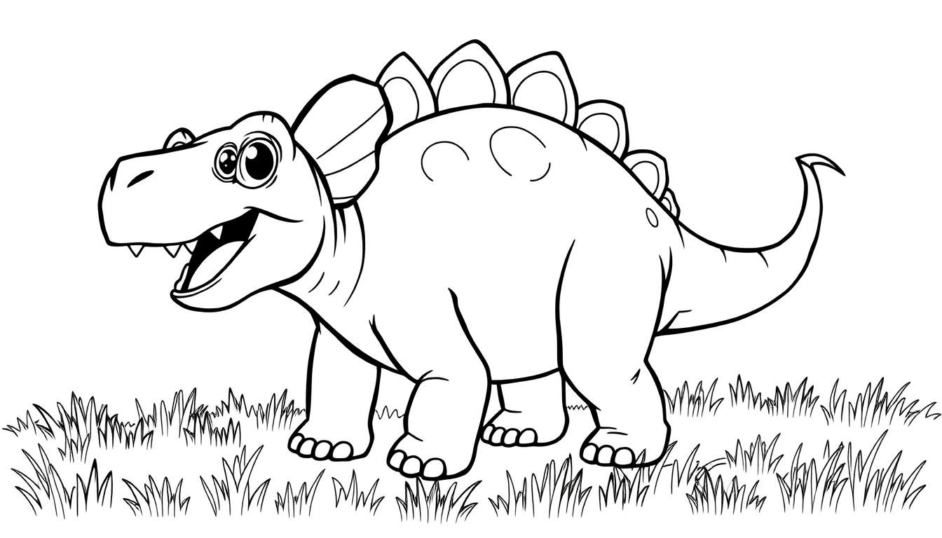 A cute cartoon dinosaur, ready for a color panel, resembles a Stegosaurus with plates and a happy face.