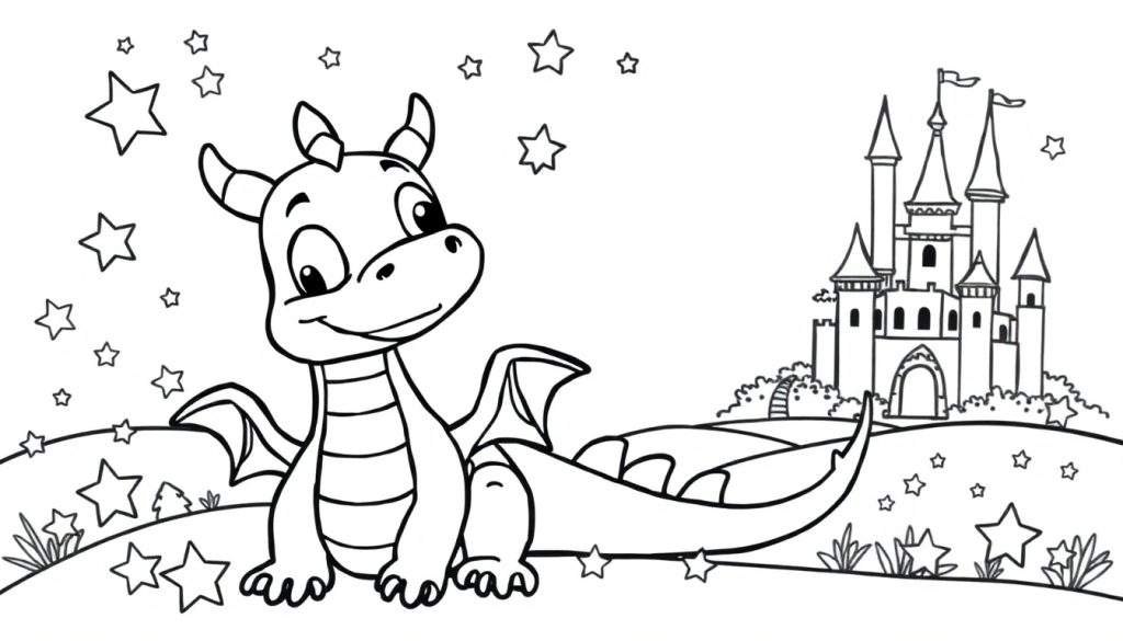 A cute dragon, stars, and a castle in a black and white color panel for coloring.