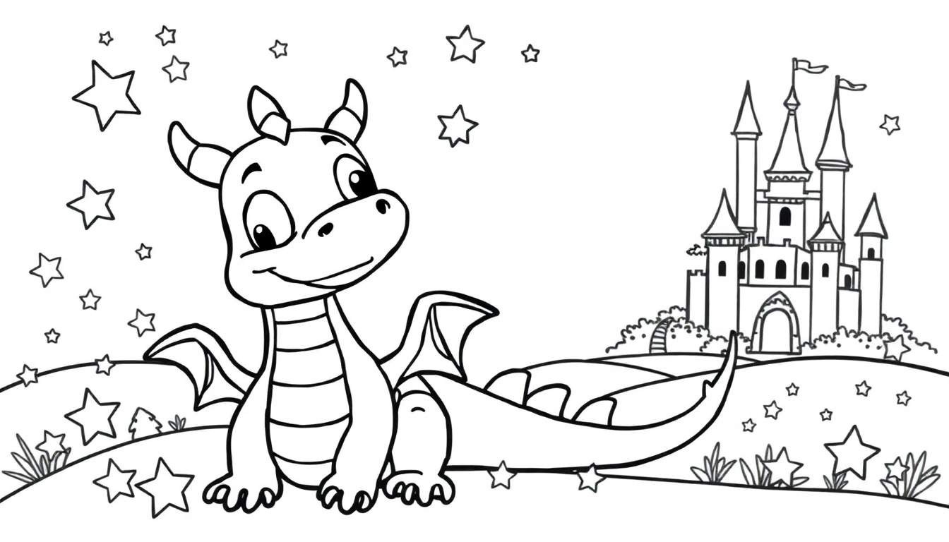 A cute dragon, stars, and a castle in a black and white color panel for coloring.