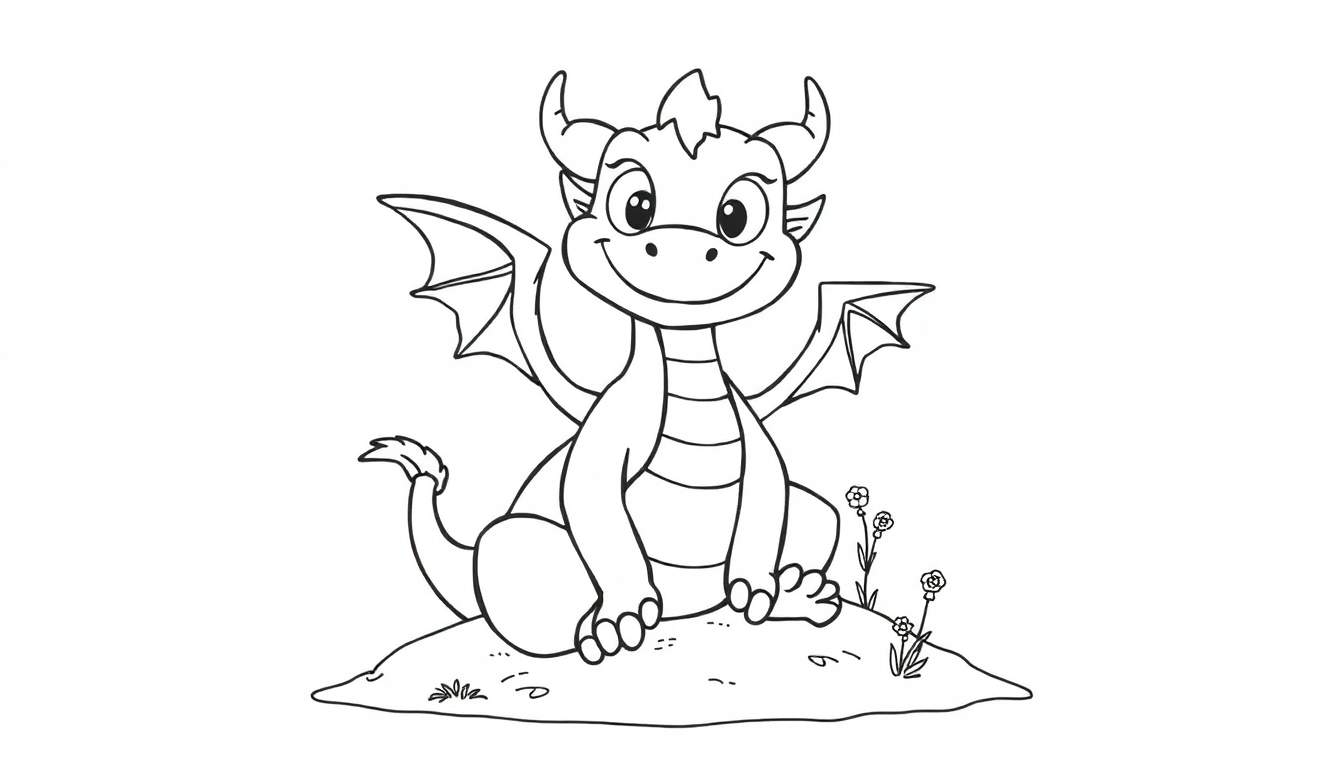 A friendly cartoon dragon in a color panel ready for coloring.