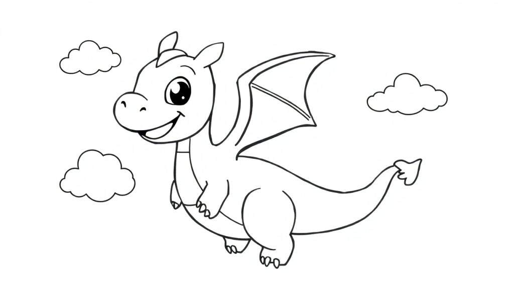 A friendly black and white dragon in a color panel, flying happily with puffy clouds.