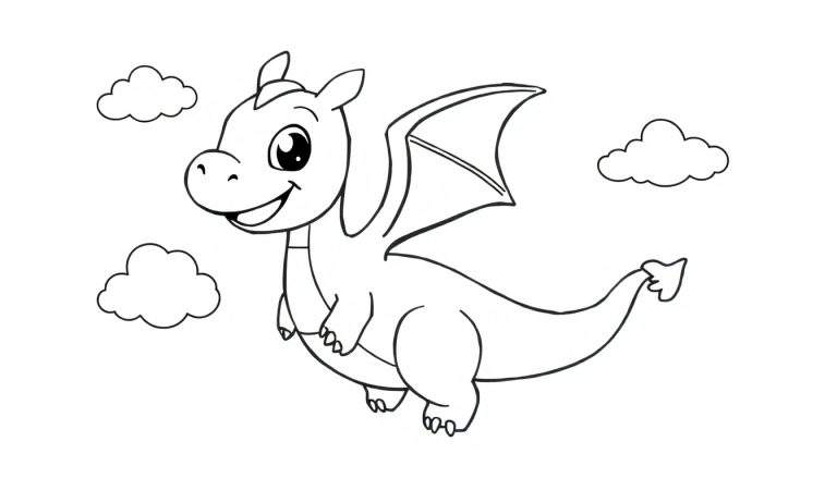 A friendly black and white dragon in a color panel, flying happily with puffy clouds.