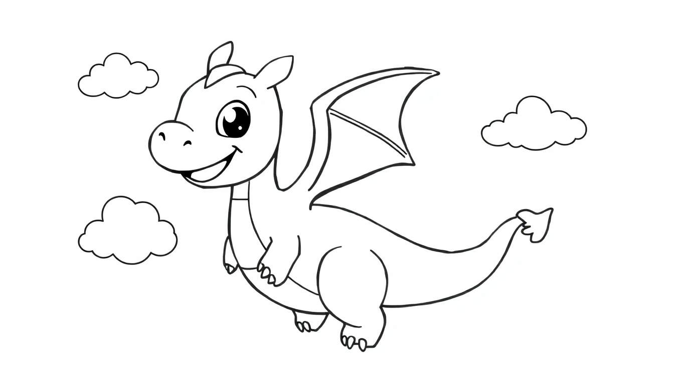 A friendly black and white dragon in a color panel, flying happily with puffy clouds.