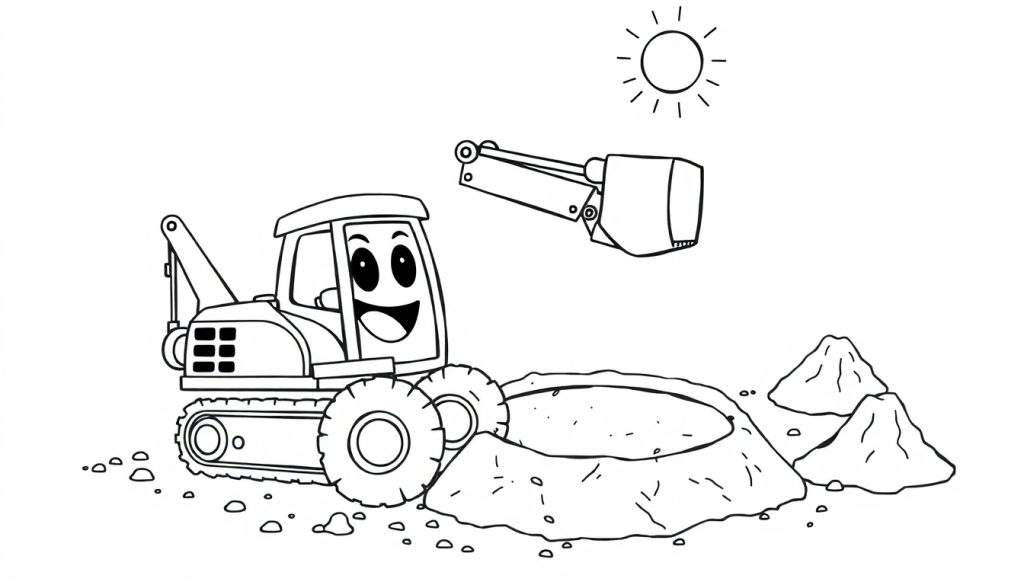 A friendly black and white cartoon excavator digging a happy hole in a sunny construction site, ready for a color panel.