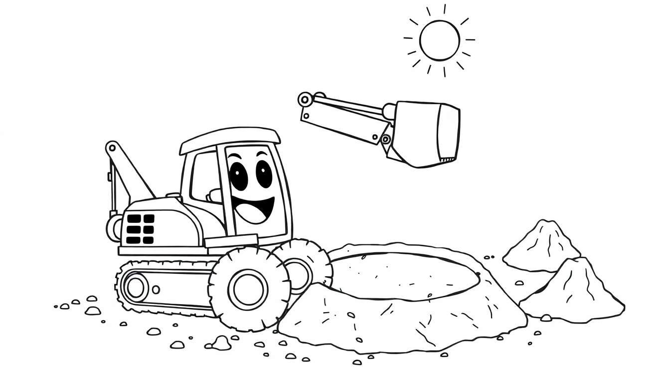 A friendly black and white cartoon excavator digging a happy hole in a sunny construction site, ready for a color panel.