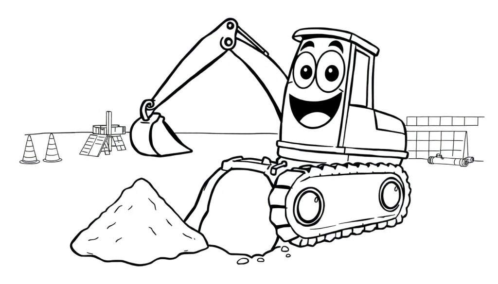 A black and white cartoon of a smiling excavator digging in a sand pile, a fun color panel for kids.