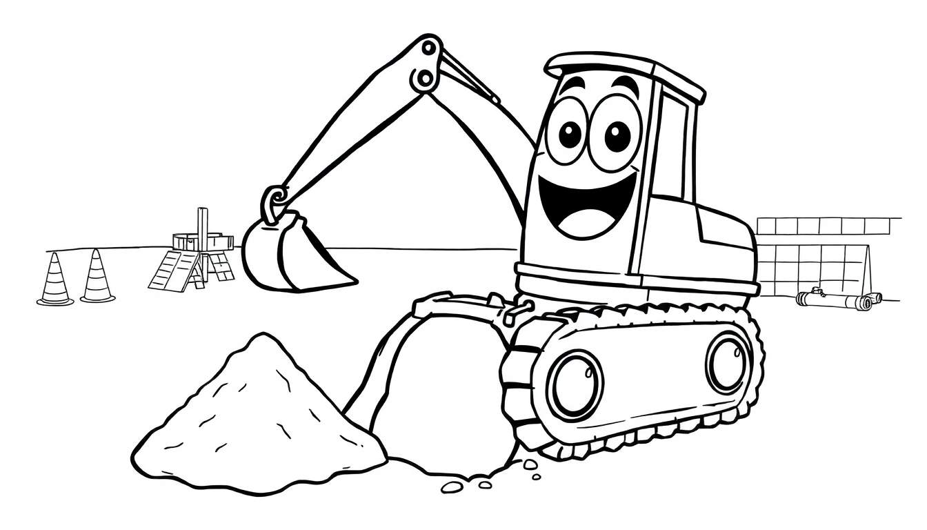 A black and white cartoon of a smiling excavator digging in a sand pile, a fun color panel for kids.