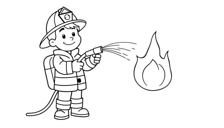 A black and white color panel showing a happy young firefighter with a hose, ready to put out a flame.