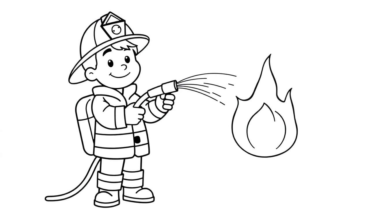 A black and white color panel showing a happy young firefighter with a hose, ready to put out a flame.
