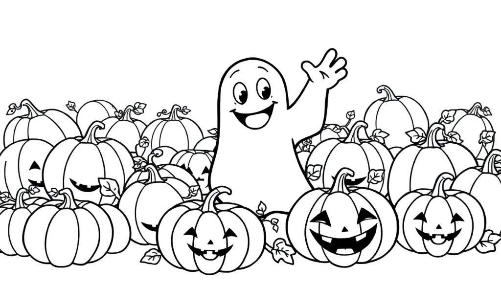 A friendly ghost waving in a black and white color panel of pumpkins.