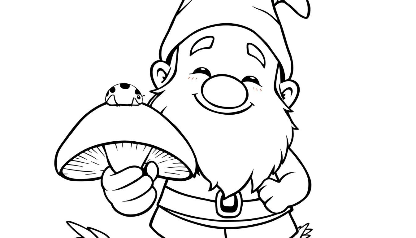 A friendly gnome holding a mushroom with a ladybug, ready for a color panel.