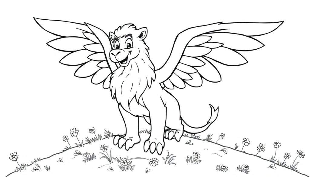 A friendly, cartoon griffin with a lion's body, feathered wings, and a smiling face, ready for a color panel.