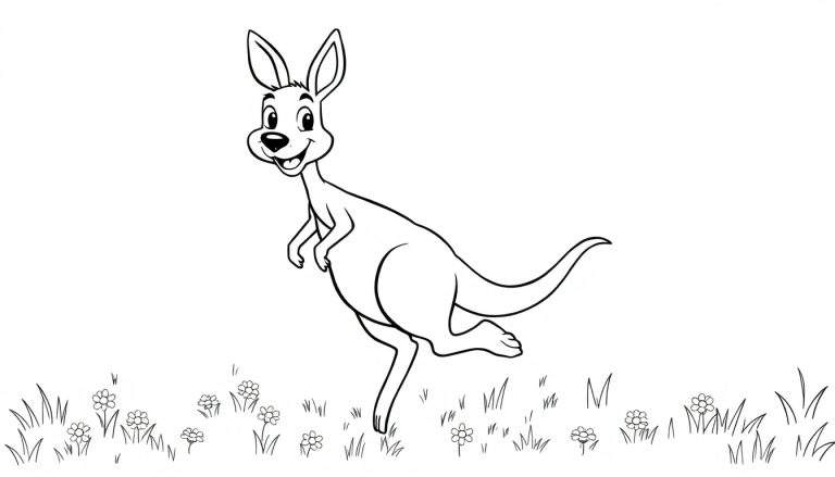 A friendly black and white cartoon kangaroo, a coloring page, with a big smile, stands in a field of grass and flowers, ready for a color panel adventure.