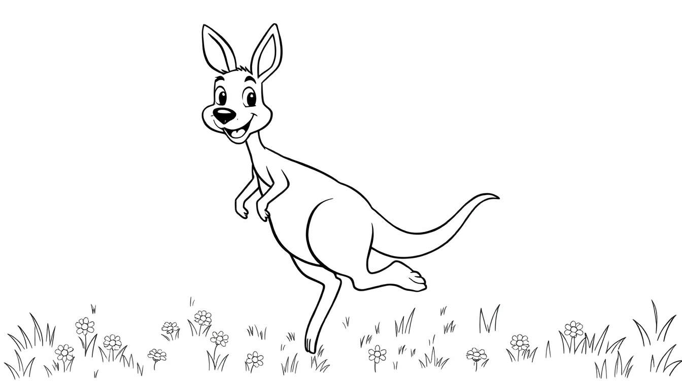 A friendly black and white cartoon kangaroo, a coloring page, with a big smile, stands in a field of grass and flowers, ready for a color panel adventure.