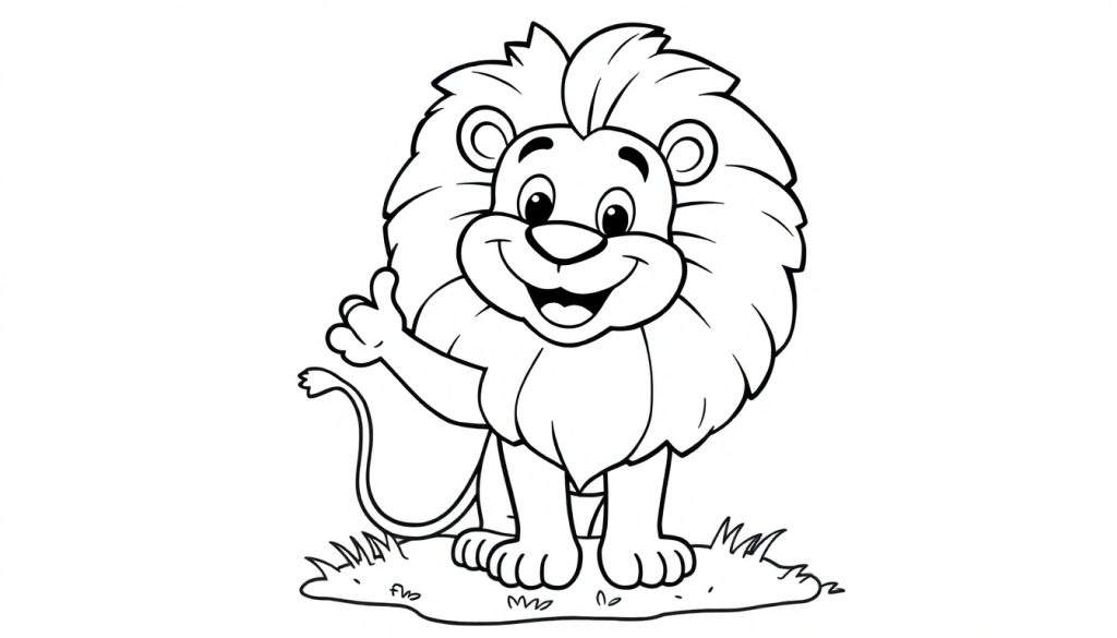 A friendly cartoon lion giving a thumbs-up, perfect for a color panel. Black and white outlines for easy coloring.