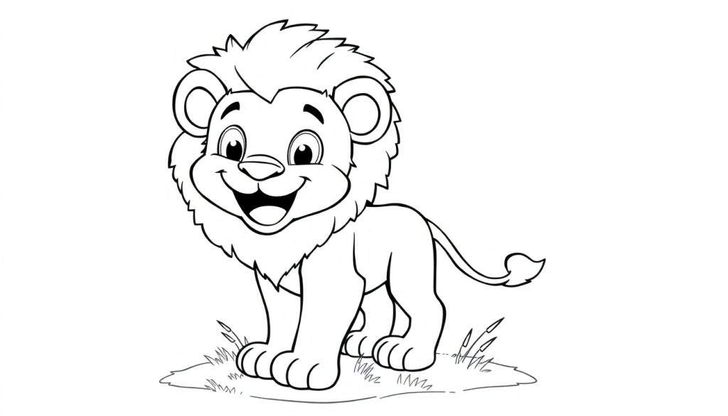 A black and white cartoon drawing of a friendly lion cub with a big mane, ready for coloring fun. This color panel is perfect for kids! 🦁🎨