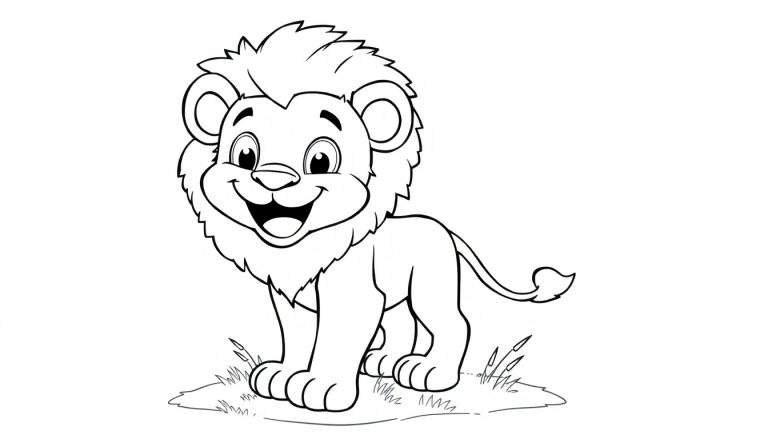 A black and white cartoon drawing of a friendly lion cub with a big mane, ready for coloring fun. This color panel is perfect for kids! 🦁🎨