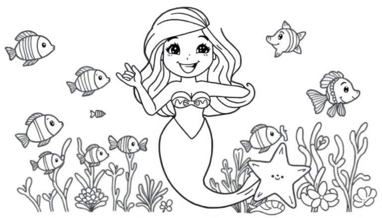 A friendly mermaid with long wavy hair and a seashell top, waving hello in a black and white coloring panel with fish and seaweed.