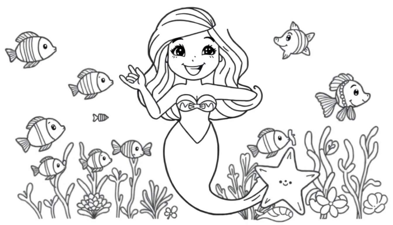 A friendly mermaid with long wavy hair and a seashell top, waving hello in a black and white coloring panel with fish and seaweed.