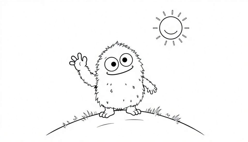 A friendly monster ready for the color panel, smiling on a hill under a sun.