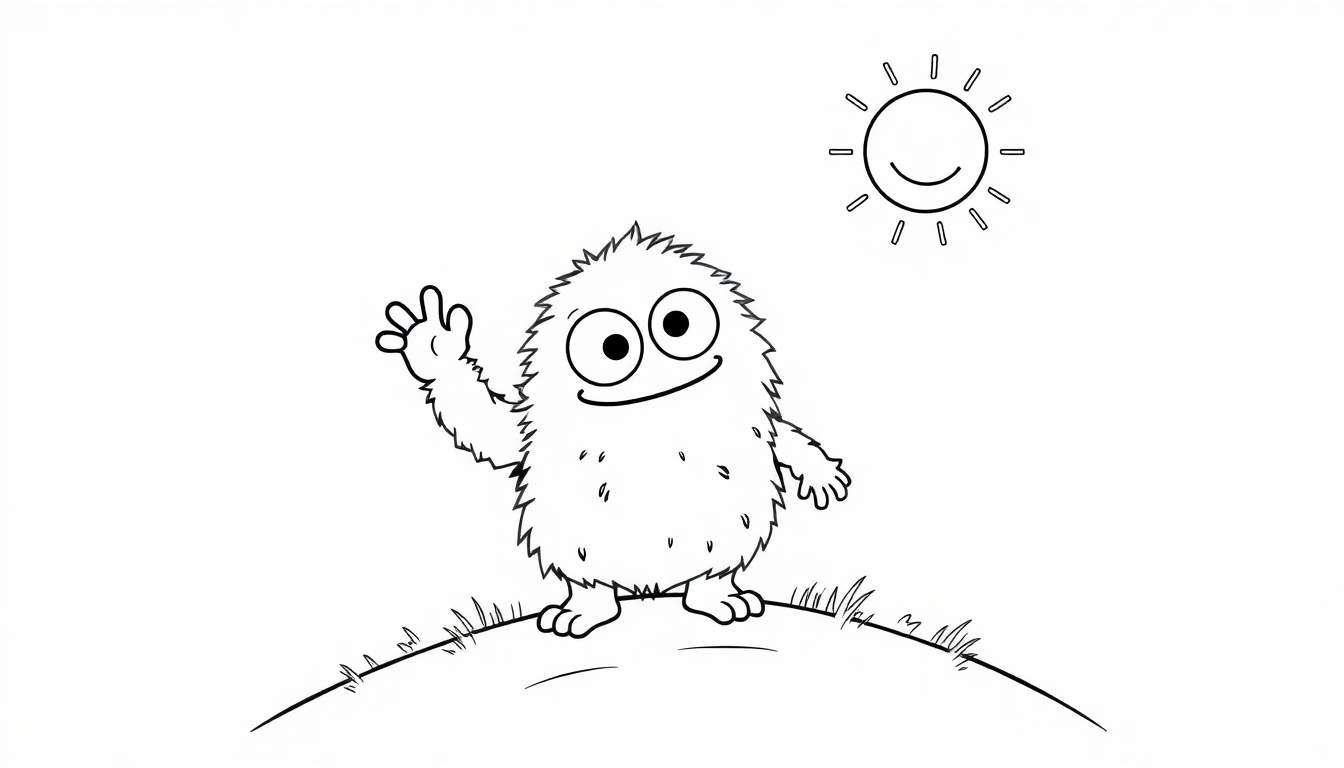 A friendly monster ready for the color panel, smiling on a hill under a sun.