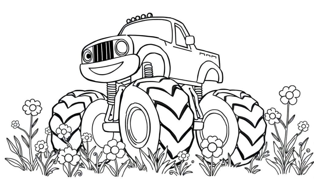 A friendly black and white monster truck coloring panel with big tires surrounded by flowers and grass.
