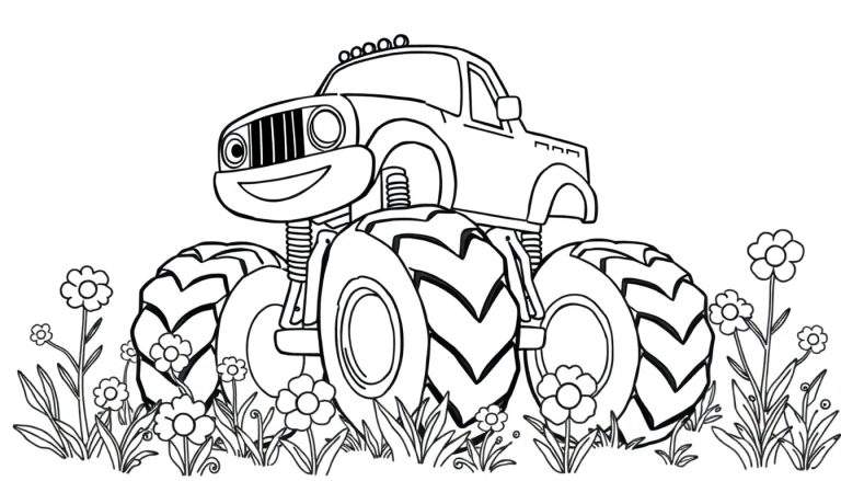 A friendly black and white monster truck coloring panel with big tires surrounded by flowers and grass.