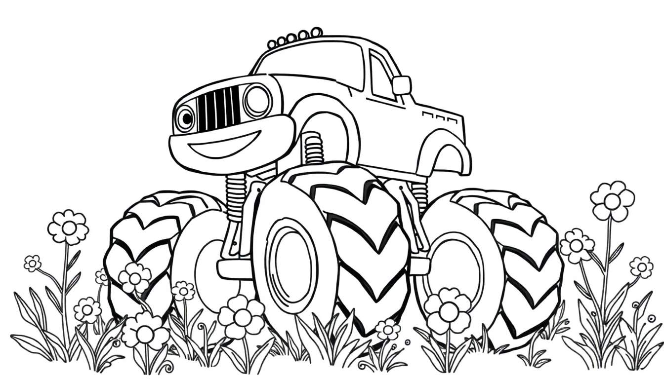 A friendly black and white monster truck coloring panel with big tires surrounded by flowers and grass.