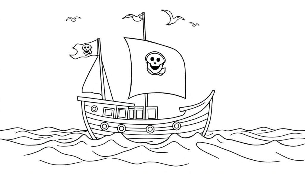 A black and white cartoon pirate ship, ready for a color panel adventure, sails on wavy seas with seagulls flying above.