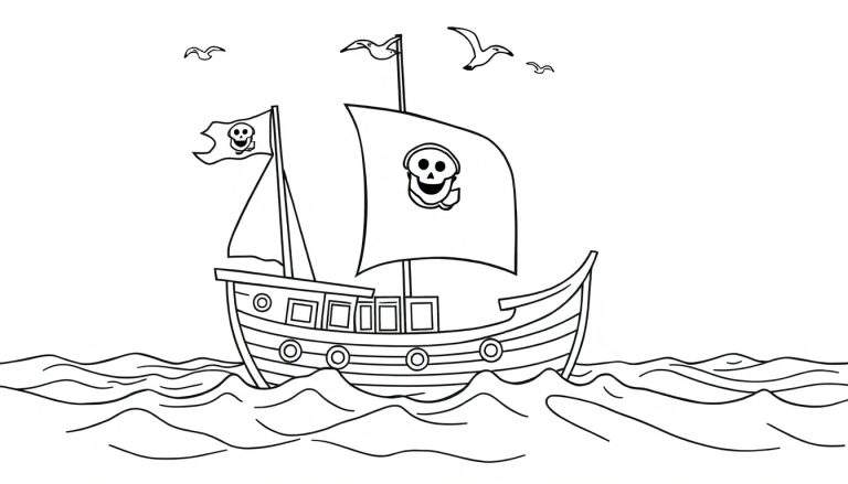A black and white cartoon pirate ship, ready for a color panel adventure, sails on wavy seas with seagulls flying above.