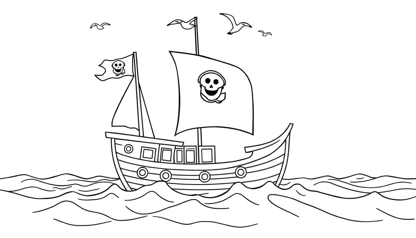 A black and white cartoon pirate ship, ready for a color panel adventure, sails on wavy seas with seagulls flying above.