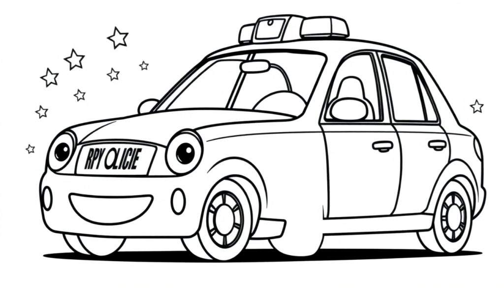 A smiling cartoon police car in a black and white color panel with big round headlights.