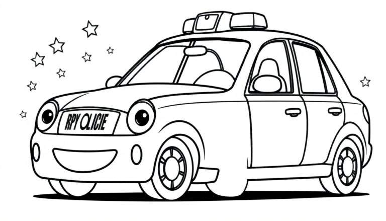 A smiling cartoon police car in a black and white color panel with big round headlights.