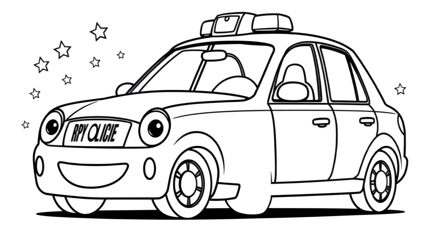 A smiling cartoon police car in a black and white color panel with big round headlights.