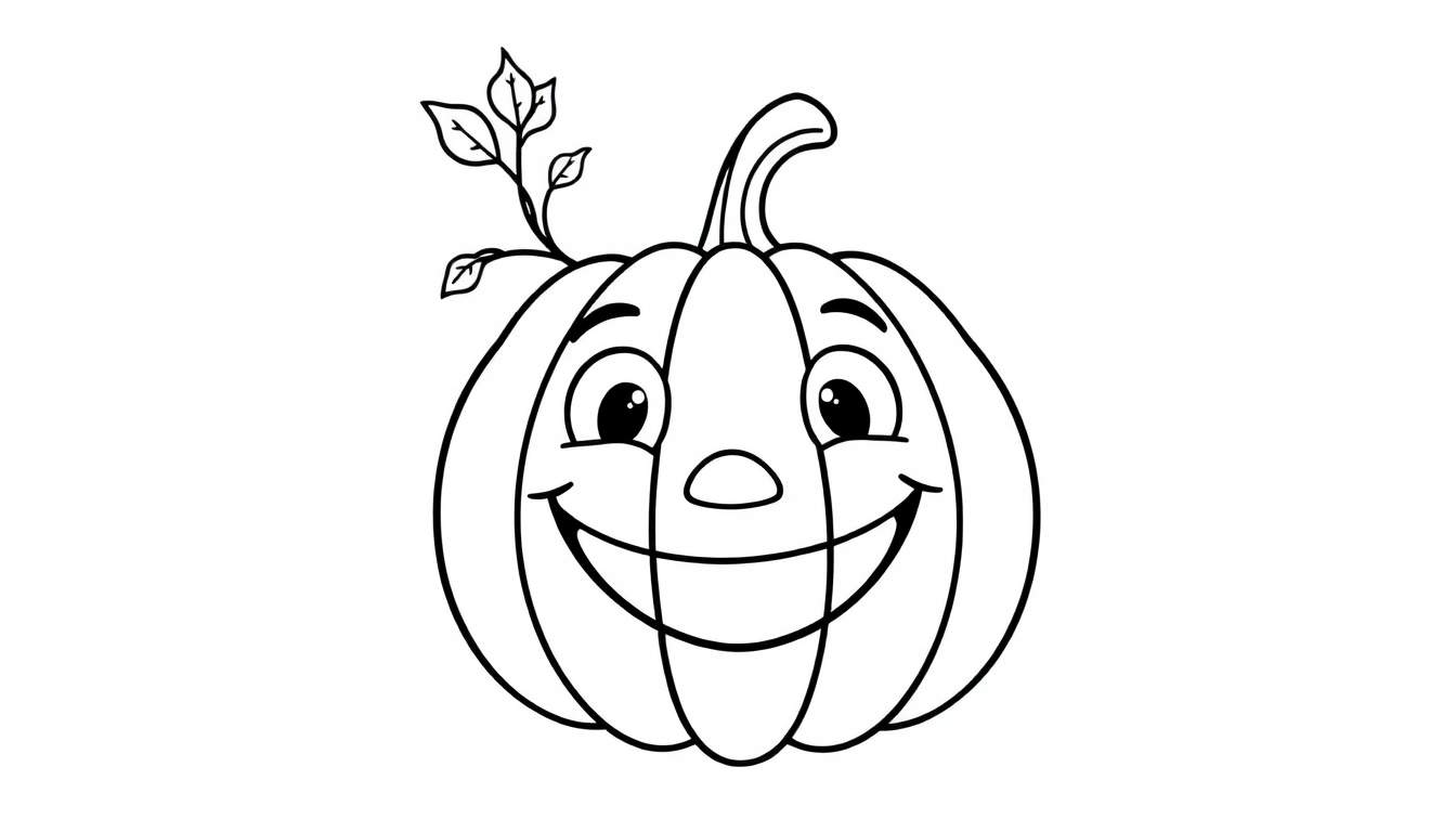 A friendly black and white cartoon pumpkin with a big smile, ready for a coloring adventure on this color panel.