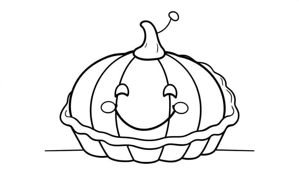 A friendly pumpkin pie with a happy face, ready for coloring. Black and white line art for kids, a fun color panel.