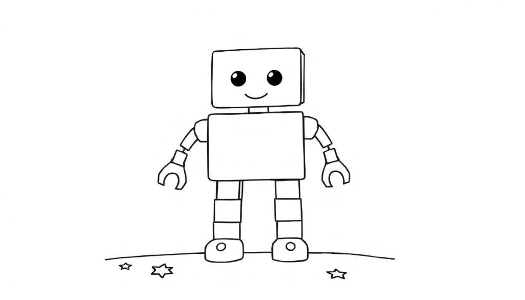 A friendly robot in a black and white color panel, ready to be colored.